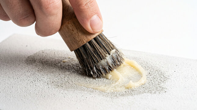 Hand using stiff bristle brush to apply paste on textured surface