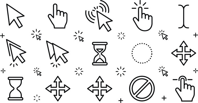 Mouse cursor and hand pointer line art icon set featuring arrow click hourglass text select and drag symbols