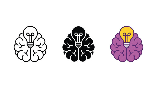 Human brain and glowing lightbulb for creative brainstorming