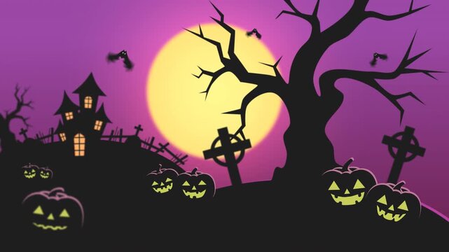  Halloween Spooky Night Cemetery with Animated Ghosts, Bats, and Glowing Jack O' Lanterns against Large Full Moon, Spooky Background Vector Style Loop