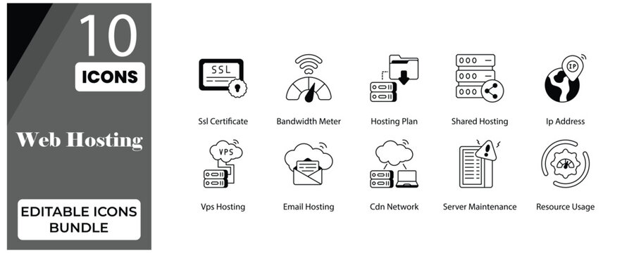 Web Hosting Editable Icons Bundle &ndash; Modern Line Style Server, Domain & Cloud Hosting Icons
