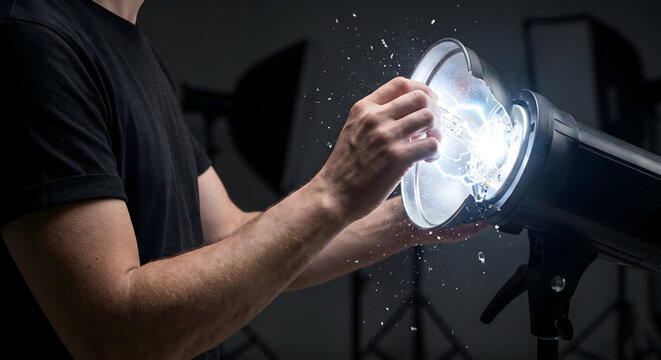 Professional photographer hands adjusting studio light modifier causing small electrical discharge sparks inside lighting equipment.