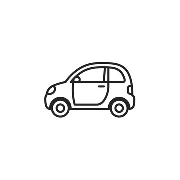 Minimalist line art microcar silhouette icon, elegant monochrome vector illustration of compact proportions