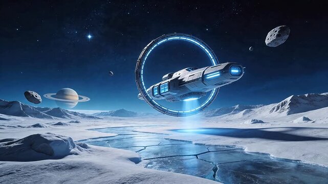 Futuristic spaceship in icy alien landscape