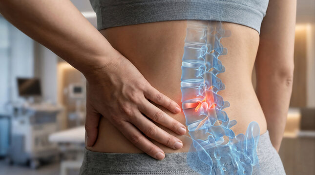 Close Up of Herniated Lumbar Disc With Transparent Spine Anatomy Overlay Showing Nerve Compression