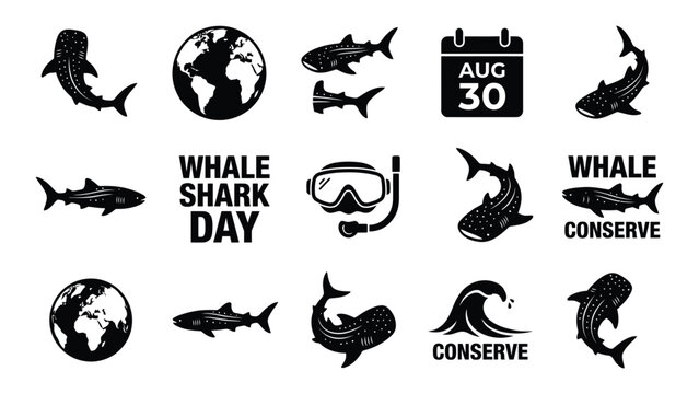 Whale shark conservation awareness icons set with conservation with displays collection black