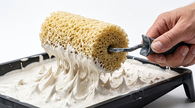 Hand lifting sponge roller with thick sticky white paint