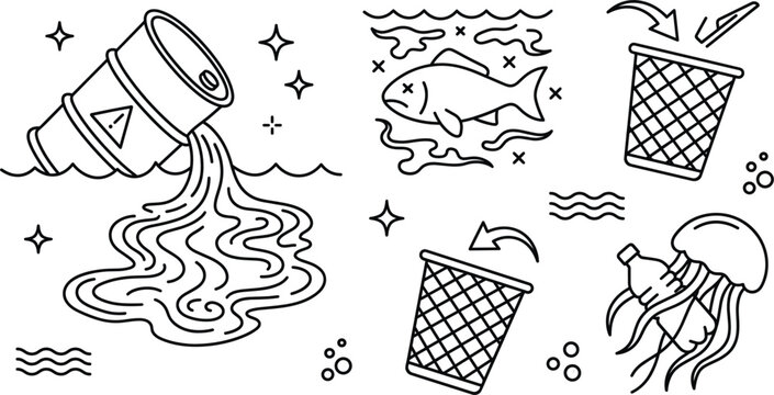 Ocean pollution and environmental ecology line vector icon set with chemical spill toxic barrel dead fish plastic waste