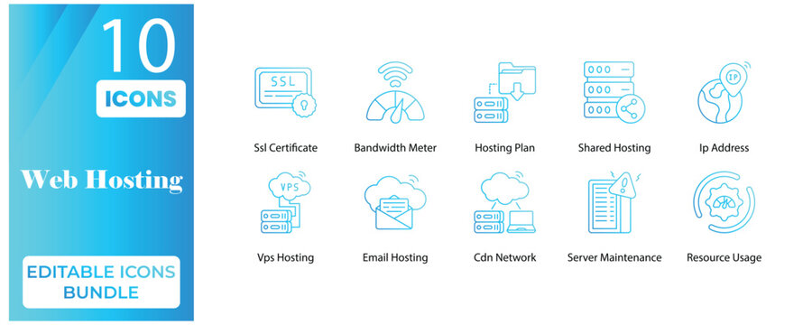 Web Hosting Editable Icons Bundle &ndash; Modern Line Style Server, Domain & Cloud Hosting Icons