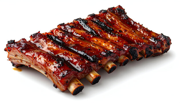 Delicious grilled glazed barbecue pork beef ribs rack galbi isolated on white background meat food mockup