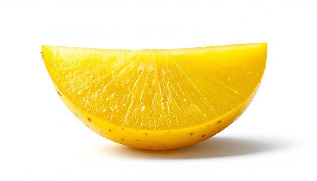 A crescent slice of crunchy yellow pickled radish danmuji displaying detailed natural skin texture