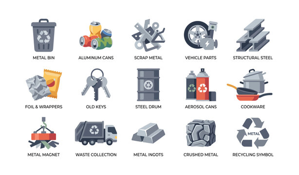 Metal recycling icons showing categorized metal items on white