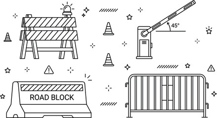 Road construction and traffic barrier line art icon set featuring boom gate crowd fence and concrete roadblocks vector © MDSAIFUL