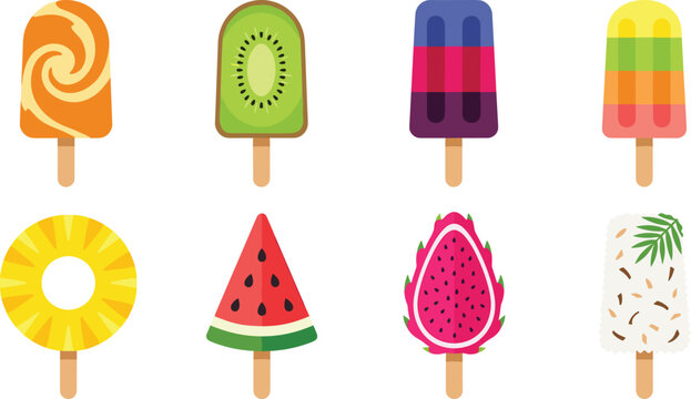 Colorful fruit popsicle and ice cream bars vector icon set for summer refreshment graphic design