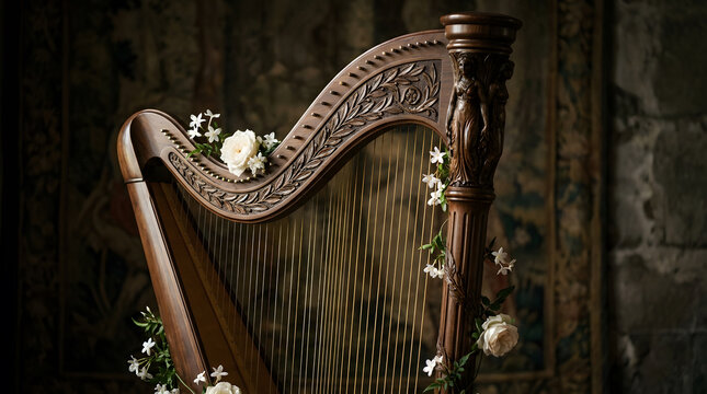Elegant antique wooden harp with ornate carving and golden strings adorned with white roses in a vintage interior