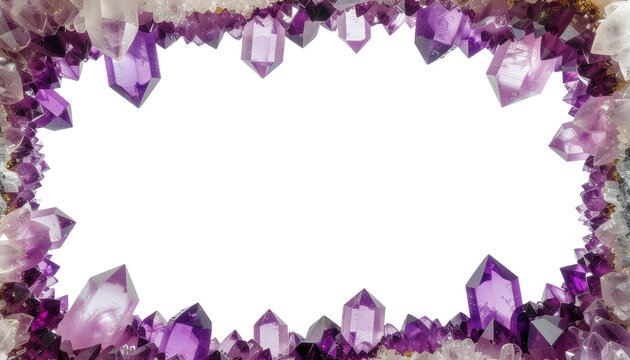 Vibrant Amethyst Crystals Framing a Pristine White Background, Ideal for Spiritual, Decorative, or Elegant Design Projects