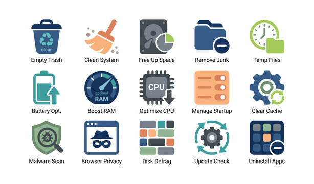 System optimization and cleaning icons arranged on white background