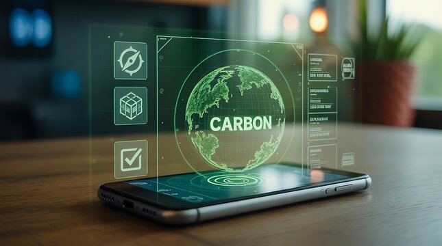 Smartphone displaying carbon footprint data with global environmental impact interface.