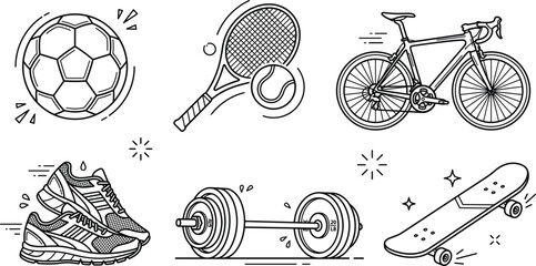 Sports and fitness equipment line vector icon set with soccer ball tennis racket bicycle shoes barbell and skateboard © MDSAIFUL