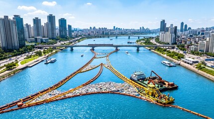 Fototapeta premium Floating trash barriers collecting plastic waste on urban river