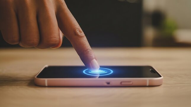 Fingertip touches glowing touchscreen of modern smartphone.