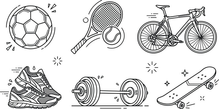 Sports and fitness equipment line vector icon set with soccer ball tennis racket bicycle shoes barbell and skateboard