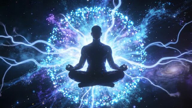 Silhouette of a Meditating Person with Cosmic Particle Explosion Effect, Astral Projection Energy, Spiritual Awakening and Mystical Universe Background
