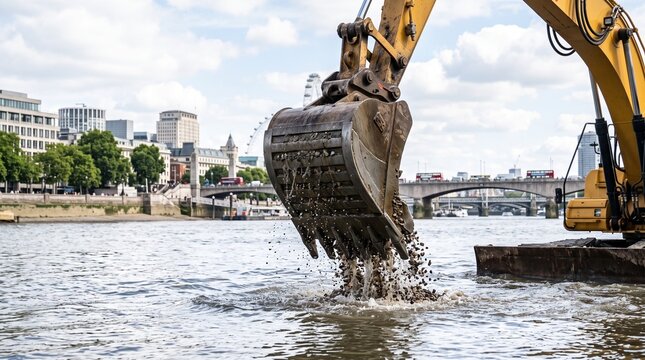 Yellow excavator bucket dredging material from the River Thames