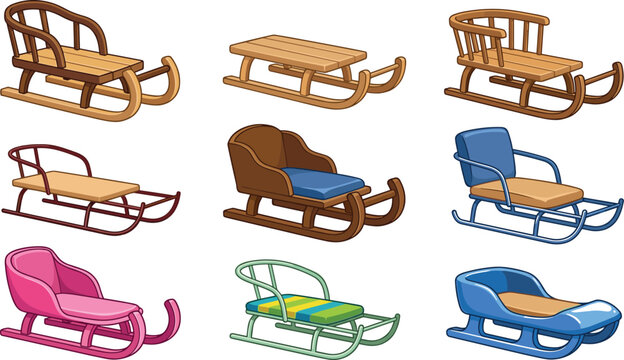 Traditional wooden and modern plastic winter sleds collection showcasing diverse colorful designs for outdoor snow sports activities