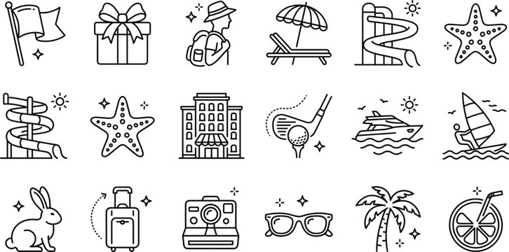 Summer vacation and resort travel line vector icon set with hotel waterslide cruise yacht palm tree suitcase camera