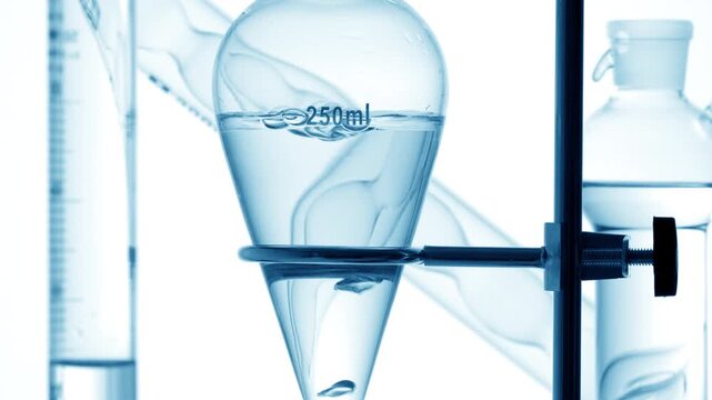 Lab apparatus with ball absorber, graduated cylinder, bulb condenser, separatory funnel holding luminous clear liquid, air bubbles rising inside on white surface | Mineral water beauty formulation