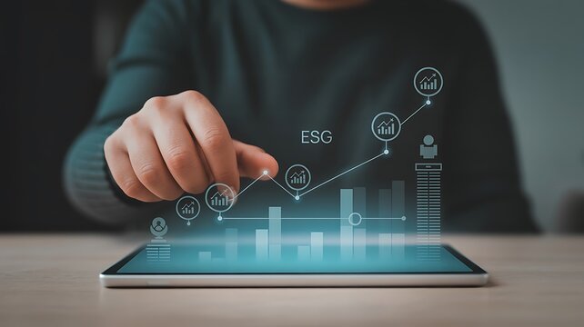 Person points at tablet showing ESG graph indicating sustainable business growth progress.