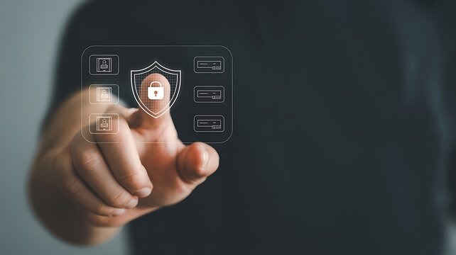 Finger touching screen with shield icon represents digital security and data protection.