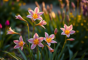 Fototapeta premium Blooming freesia flowers in garden at golden hour