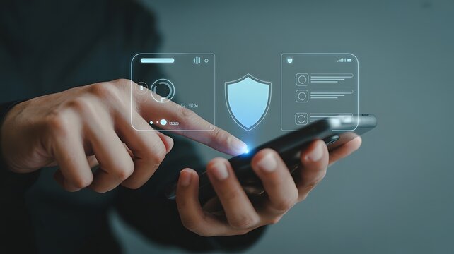 User interacting with security shield on mobile phone interface for data privacy.