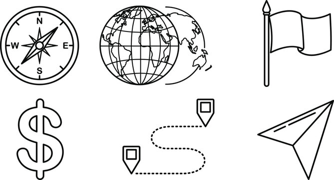 Travel and finance line art icon set featuring compass globe flag dollar sign route and paper airplane vector