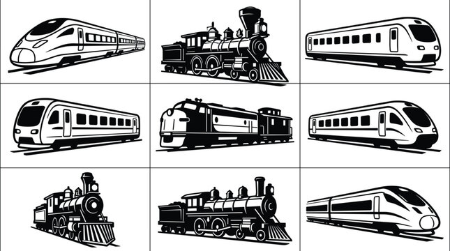 Vintage steam locomotives and modern high speed passenger trains collection showing retro railroad and bullet transport vectors