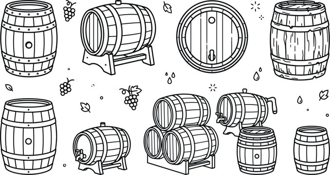 Wooden barrel line art icon set featuring wine casks beer kegs aging tuns with taps grapes and leaves