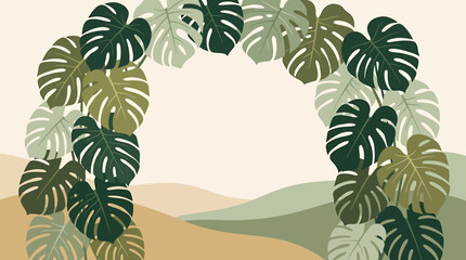 Tropical Botanical Background with Monstera Leaves Arch over Hills © Crushin