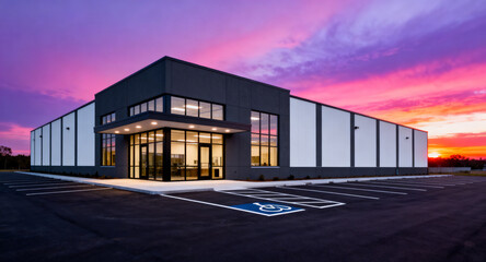 Naklejka premium Modern Industrial Warehouse Exterior Featuring Contemporary Architecture and Paved Parking Lot Under a Vibrant Sunset Sky