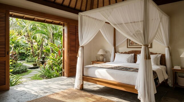 A luxurious bedroom with a four-poster bed and white canopy opens to a vibrant tropical garden, creating a serene and exotic retreat.