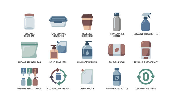Refillable containers and zero waste icons in grid layout