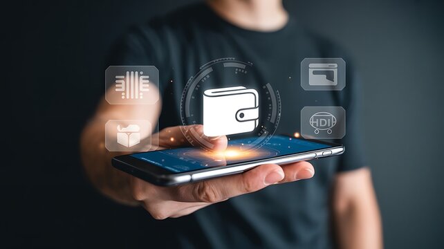 Person holding smartphone displaying digital wallet with financial icons around.