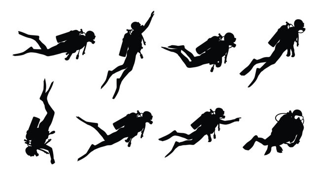 Professional scuba diver silhouette collection showing various swimming poses in a clean black vector graphic design