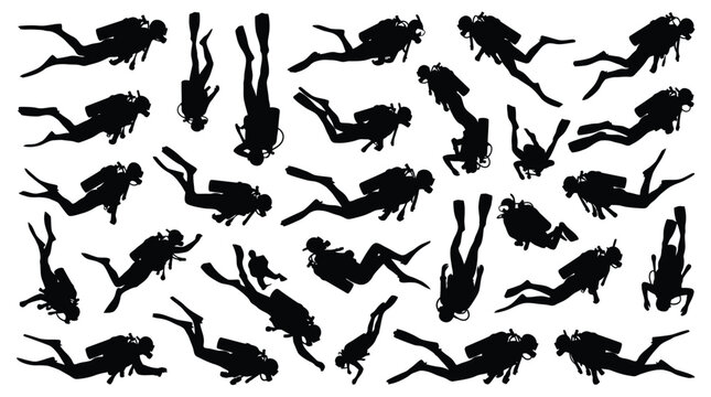 Multiple black silhouettes of scuba divers swimming in various positions for a professional vector graphic design