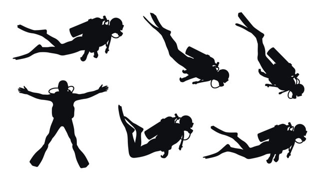 Detailed black vector illustration set featuring various scuba divers swimming in different active dynamic poses