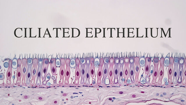 Ciliated epithelium tissue under microscope view with many cells and nuclei  Biology and medical concept