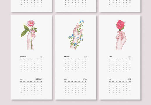 Minimal 2027 Floral Hand Illustration Wall Calendar Template