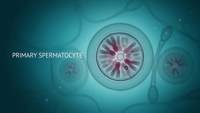 Primary spermatocyte cell undergoing meiosis with large circular nucleus and chromosomes  microscopic view of biological process