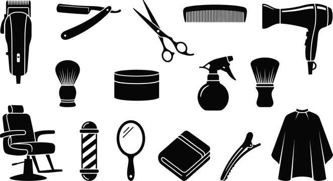 Black and white silhouette icons of various barber tools and equipment
